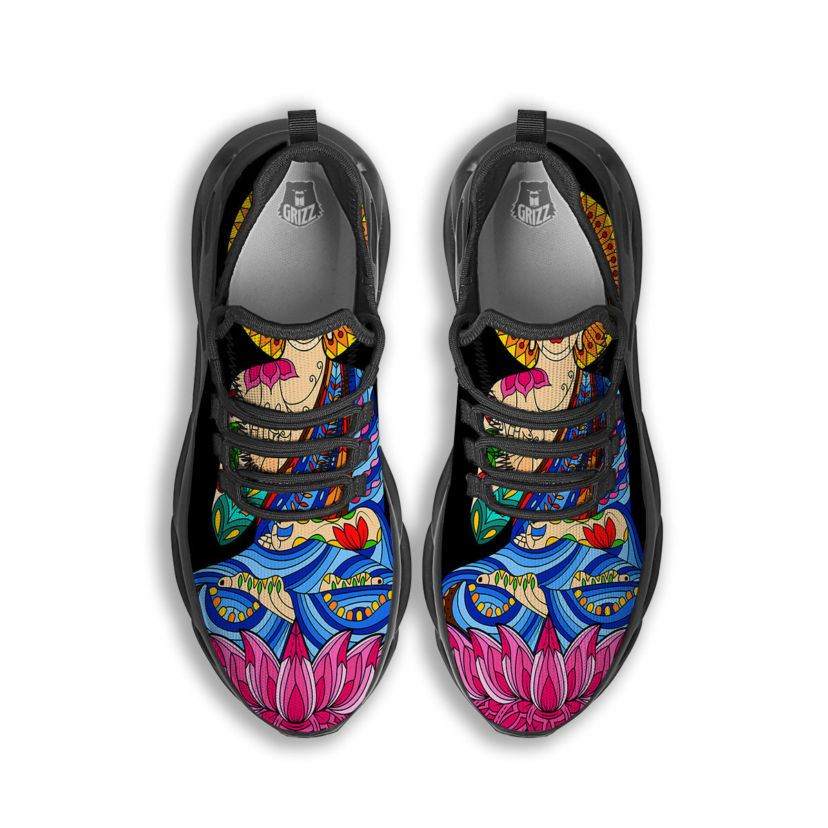 Lotus Buddha Colorful Print Black Running Shoes-grizzshop