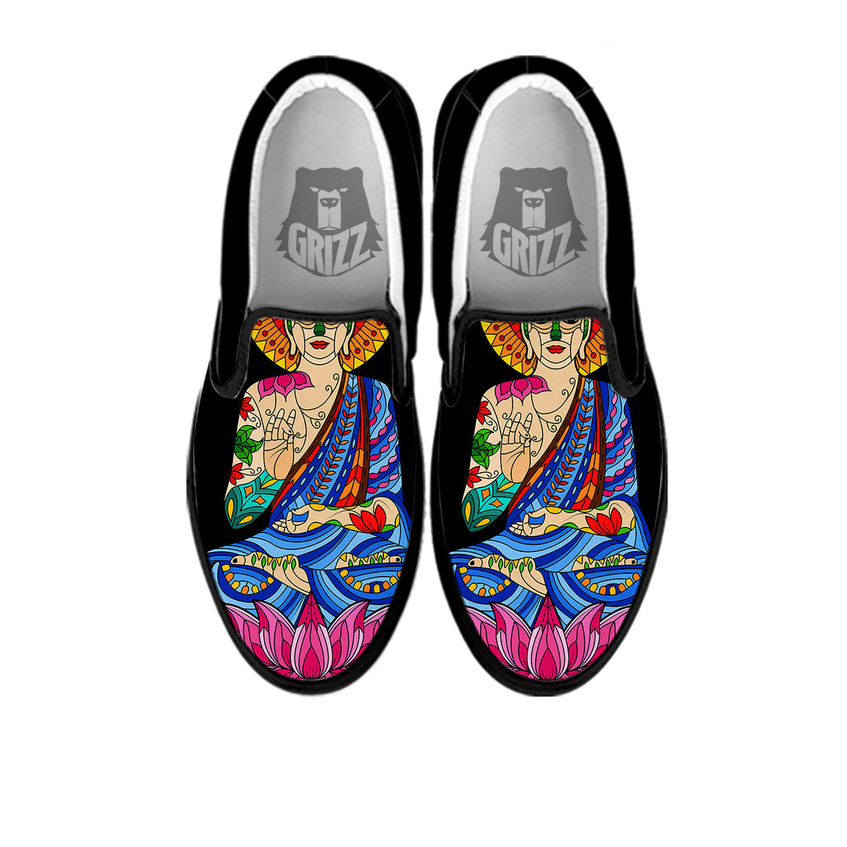 Lotus Buddha Colorful Print Black Slip On Shoes-grizzshop
