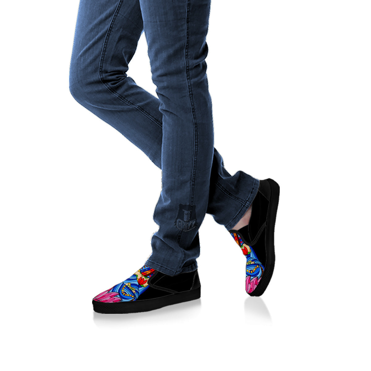 Lotus Buddha Colorful Print Black Slip On Shoes-grizzshop