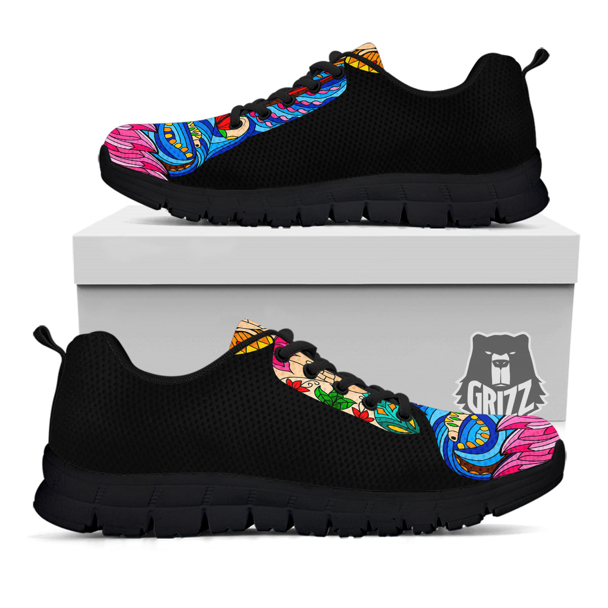 Lotus Buddha Colorful Print Black Sneaker-grizzshop