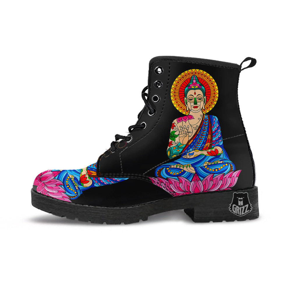 Lotus Buddha Colorful Print Leather Boots-grizzshop