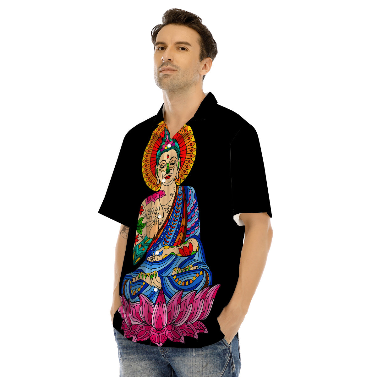 Lotus Buddha Colorful Print Men's Hawaiian Shirt-grizzshop