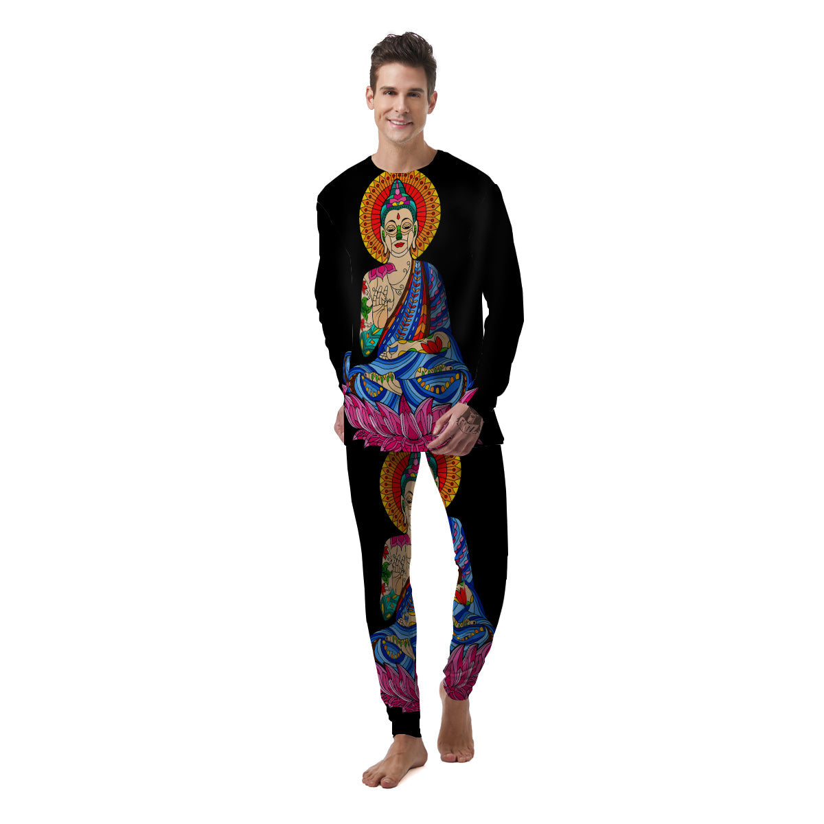 Lotus Buddha Colorful Print Men's Pajamas-grizzshop