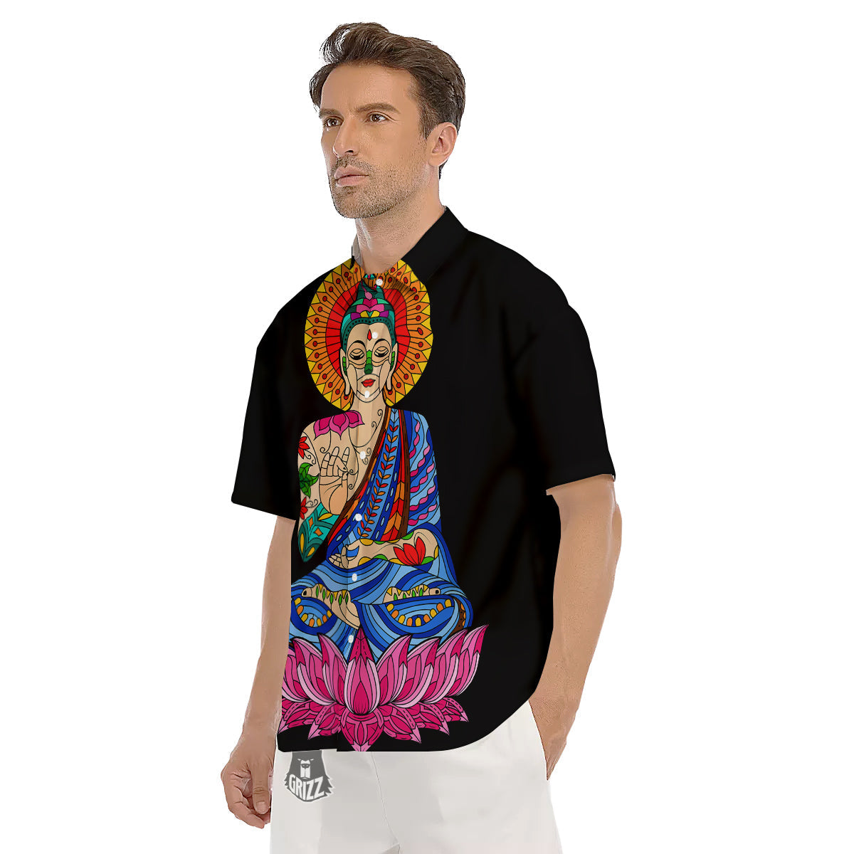 Lotus Buddha Colorful Print Men's Short Sleeve Shirts-grizzshop