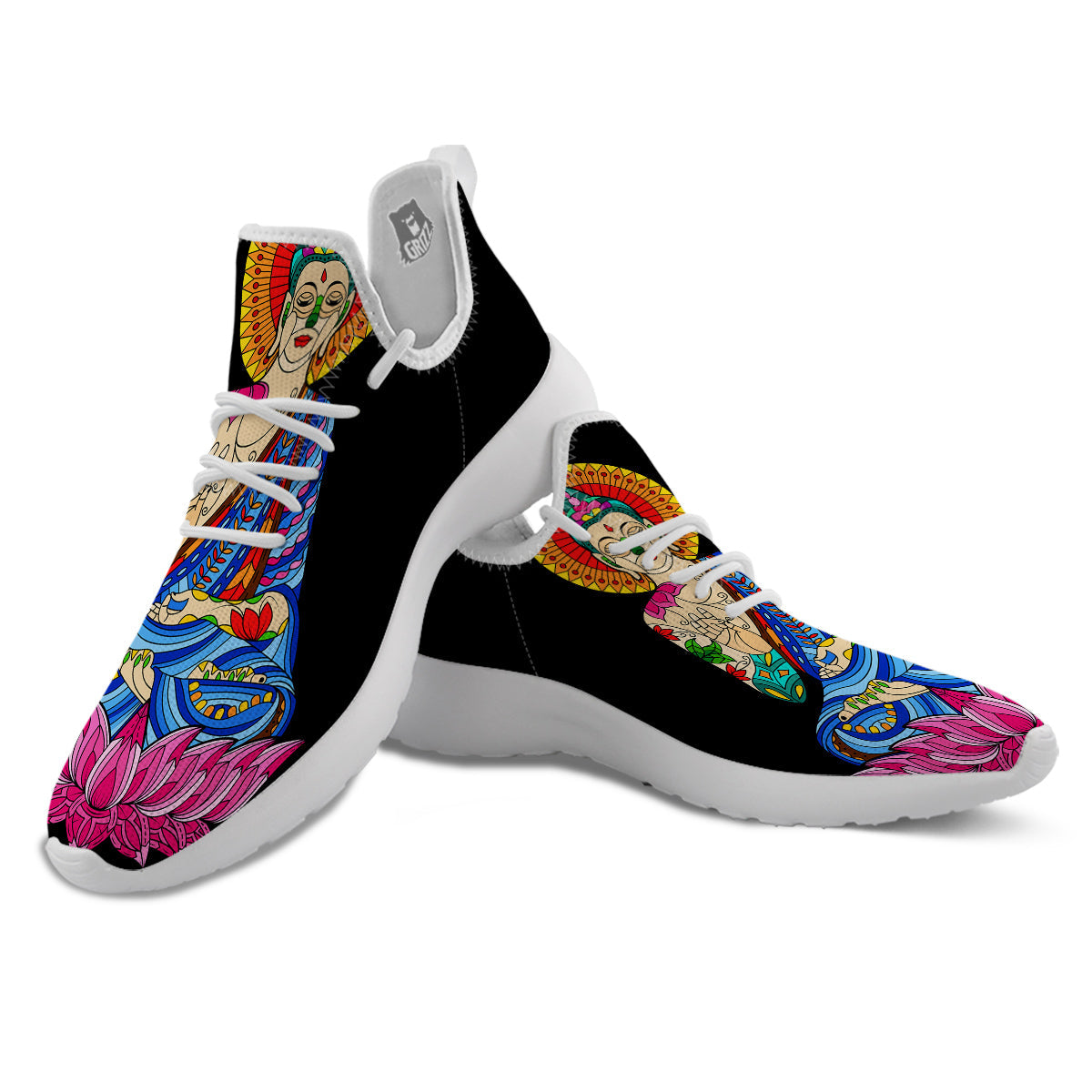 Lotus Buddha Colorful Print White Athletic Shoes-grizzshop