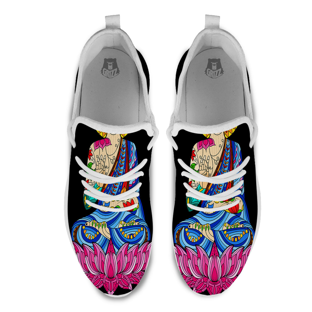 Lotus Buddha Colorful Print White Athletic Shoes-grizzshop
