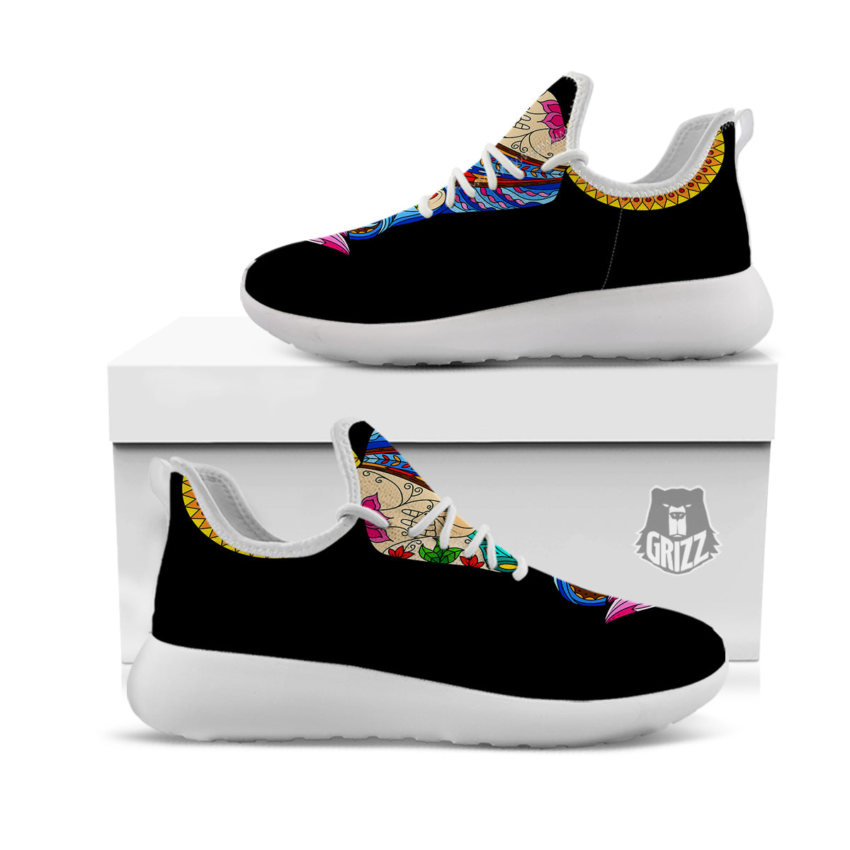 Lotus Buddha Colorful Print White Athletic Shoes-grizzshop