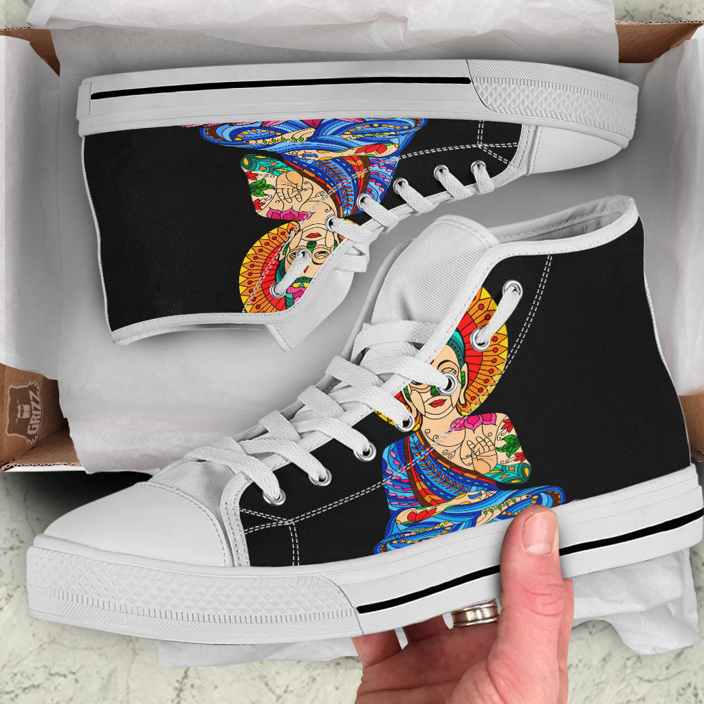 Lotus Buddha Colorful Print White High Top Shoes-grizzshop