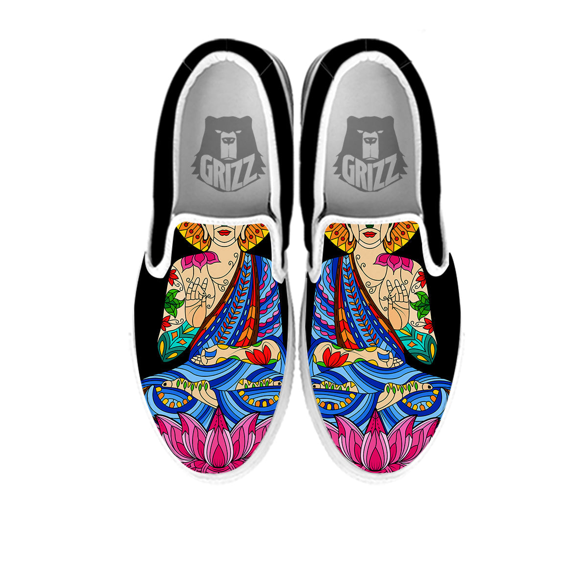 Lotus Buddha Colorful Print White Slip On Shoes-grizzshop