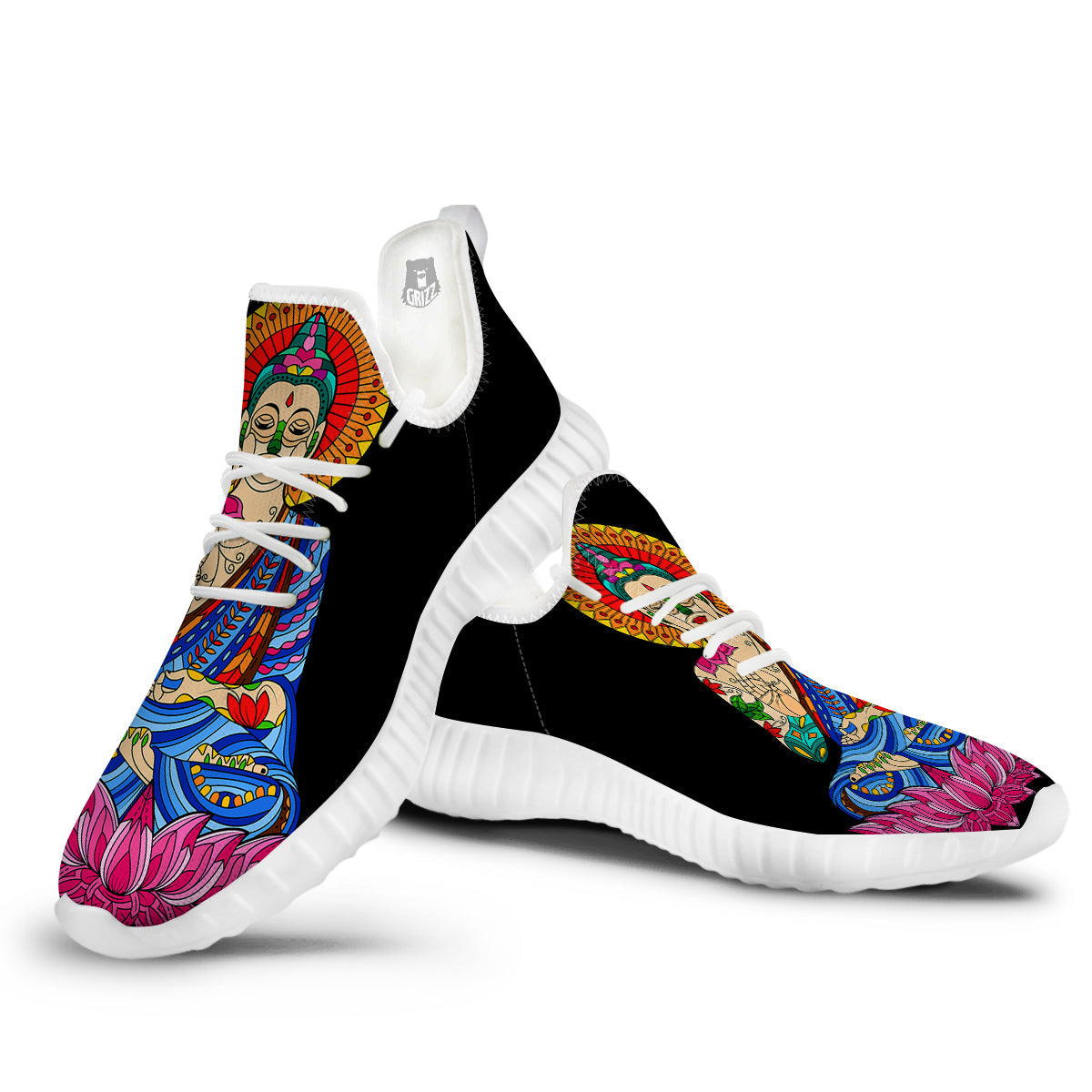 Lotus Buddha Colorful Print White Walking Shoes-grizzshop