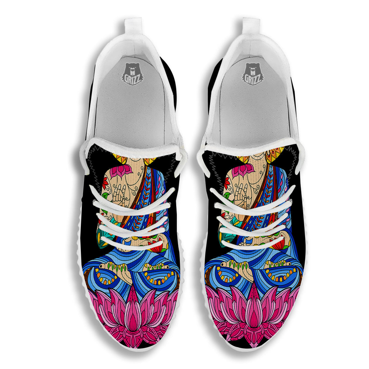 Lotus Buddha Colorful Print White Walking Shoes-grizzshop