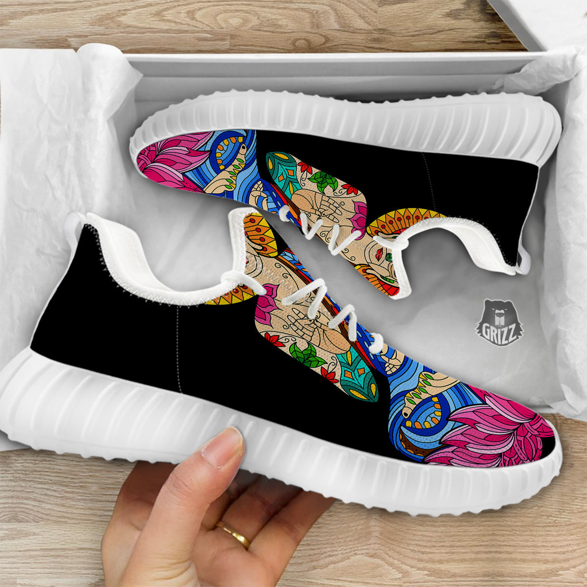 Lotus Buddha Colorful Print White Walking Shoes-grizzshop