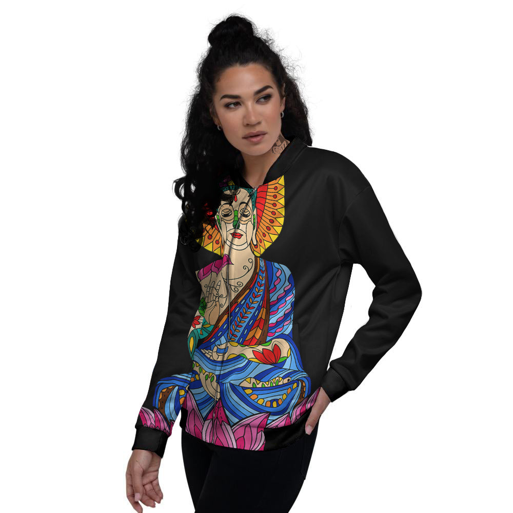 Lotus Buddha Colorful Print Women's Bomber Jacket-grizzshop