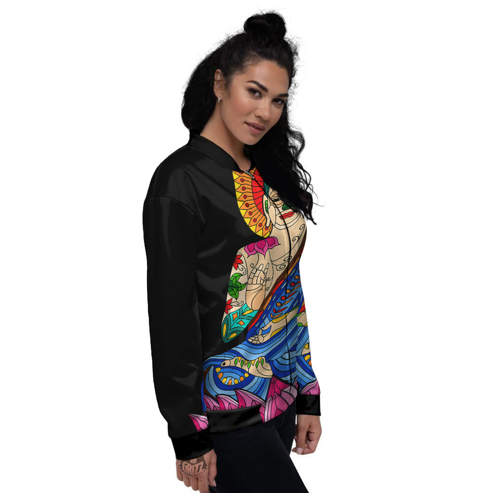 Lotus Buddha Colorful Print Women's Bomber Jacket-grizzshop