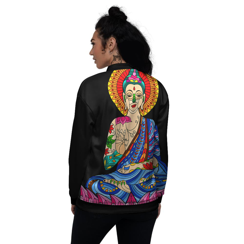Lotus Buddha Colorful Print Women's Bomber Jacket-grizzshop
