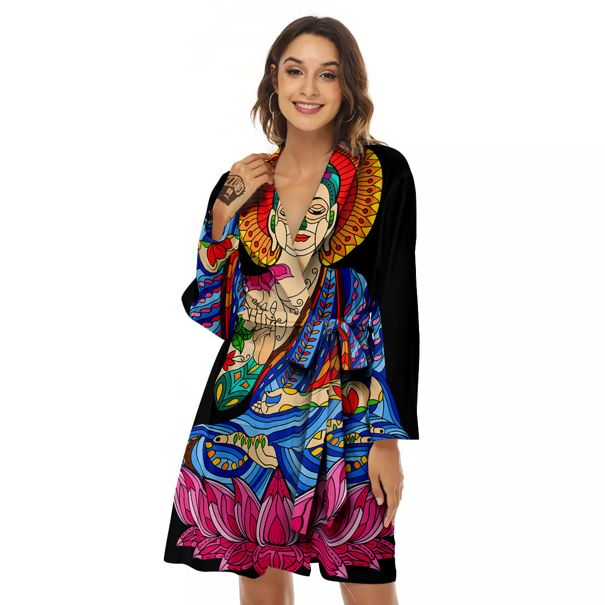 Lotus Buddha Colorful Print Women's Robe-grizzshop