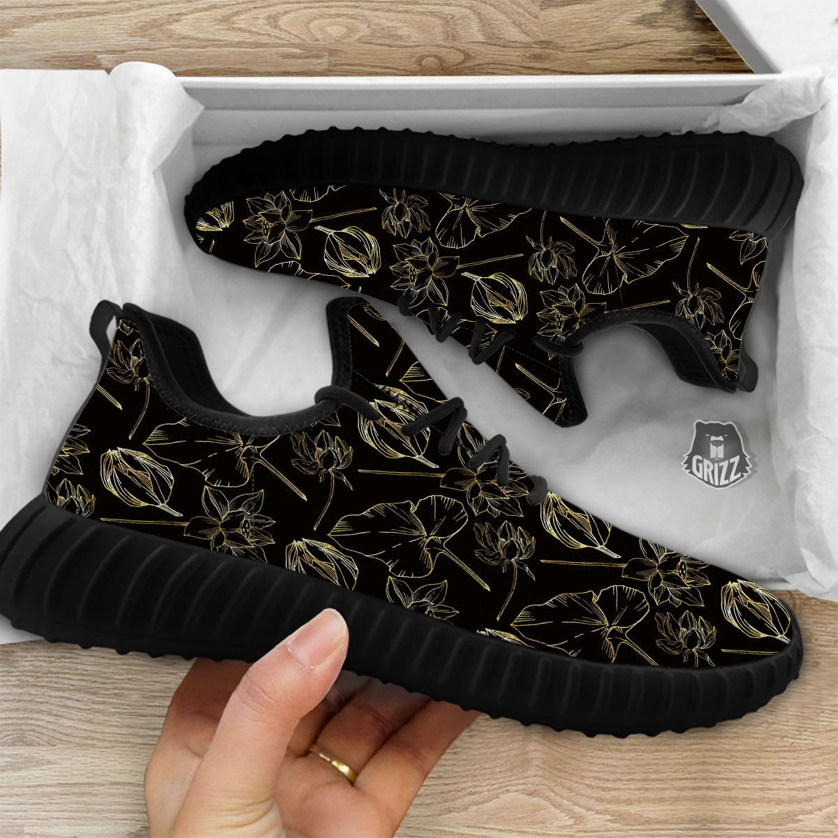 Lotus Flower Gold And Black Print Black Walking Shoes-grizzshop