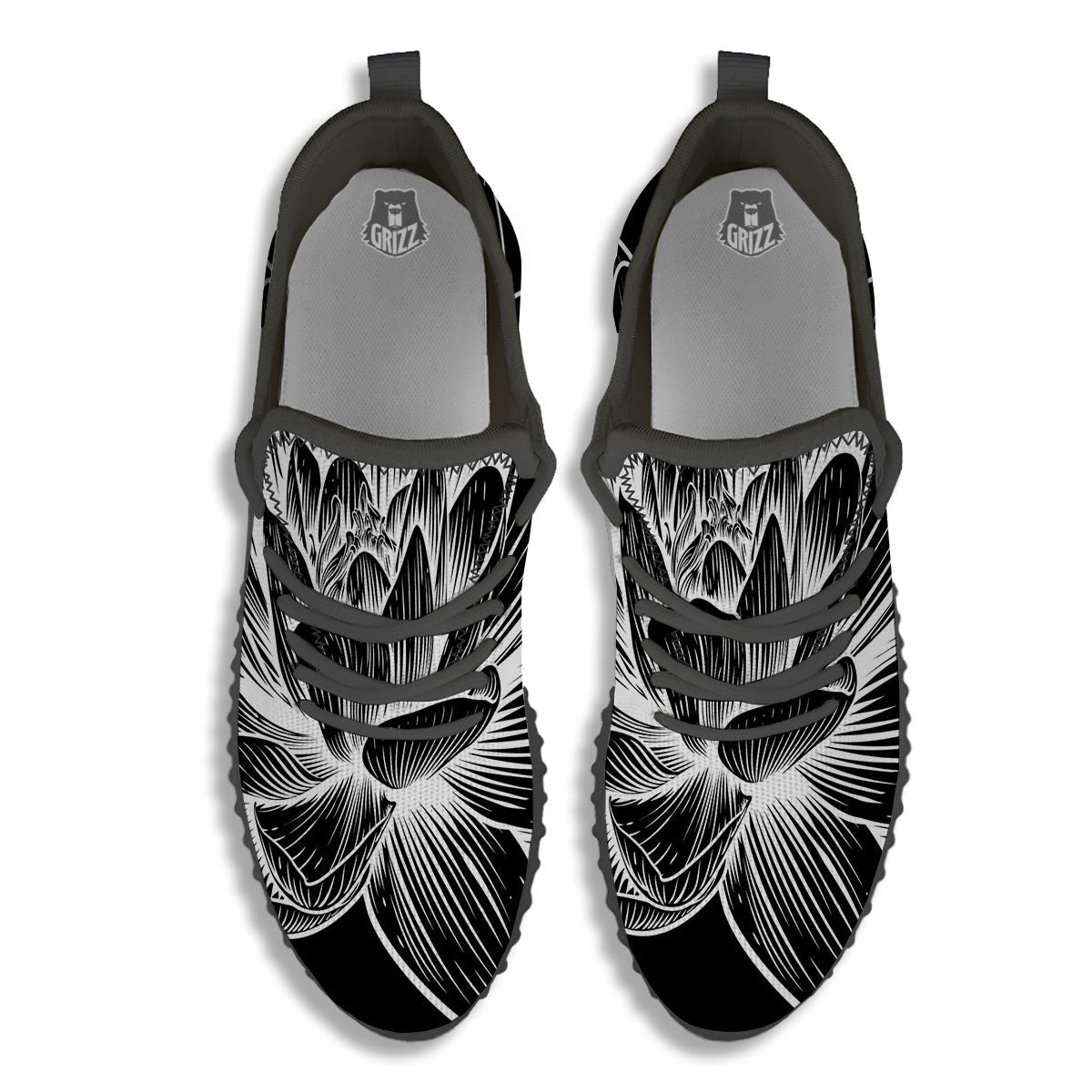 Lotus Flower White And Black Print Black Walking Shoes-grizzshop
