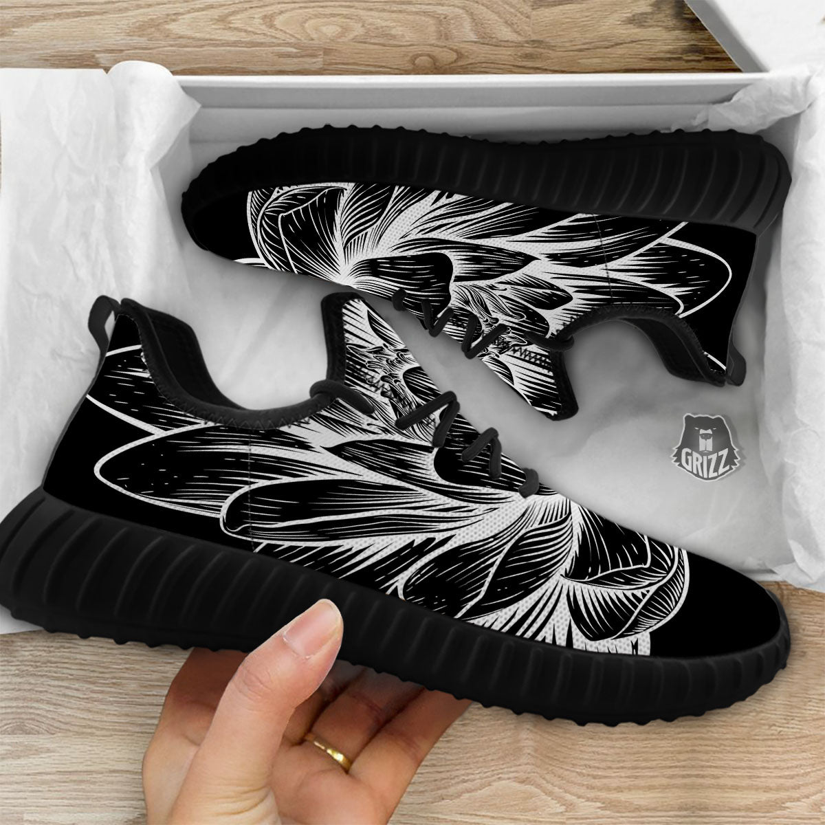Lotus Flower White And Black Print Black Walking Shoes-grizzshop
