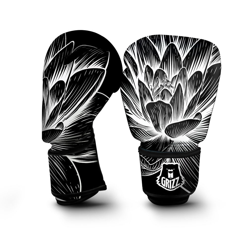 Lotus Flower White And Black Print Boxing Gloves-grizzshop