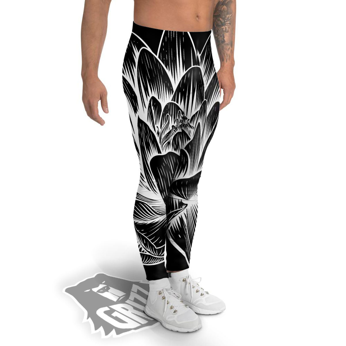 Lotus Flower White And Black Print Men's Leggings-grizzshop