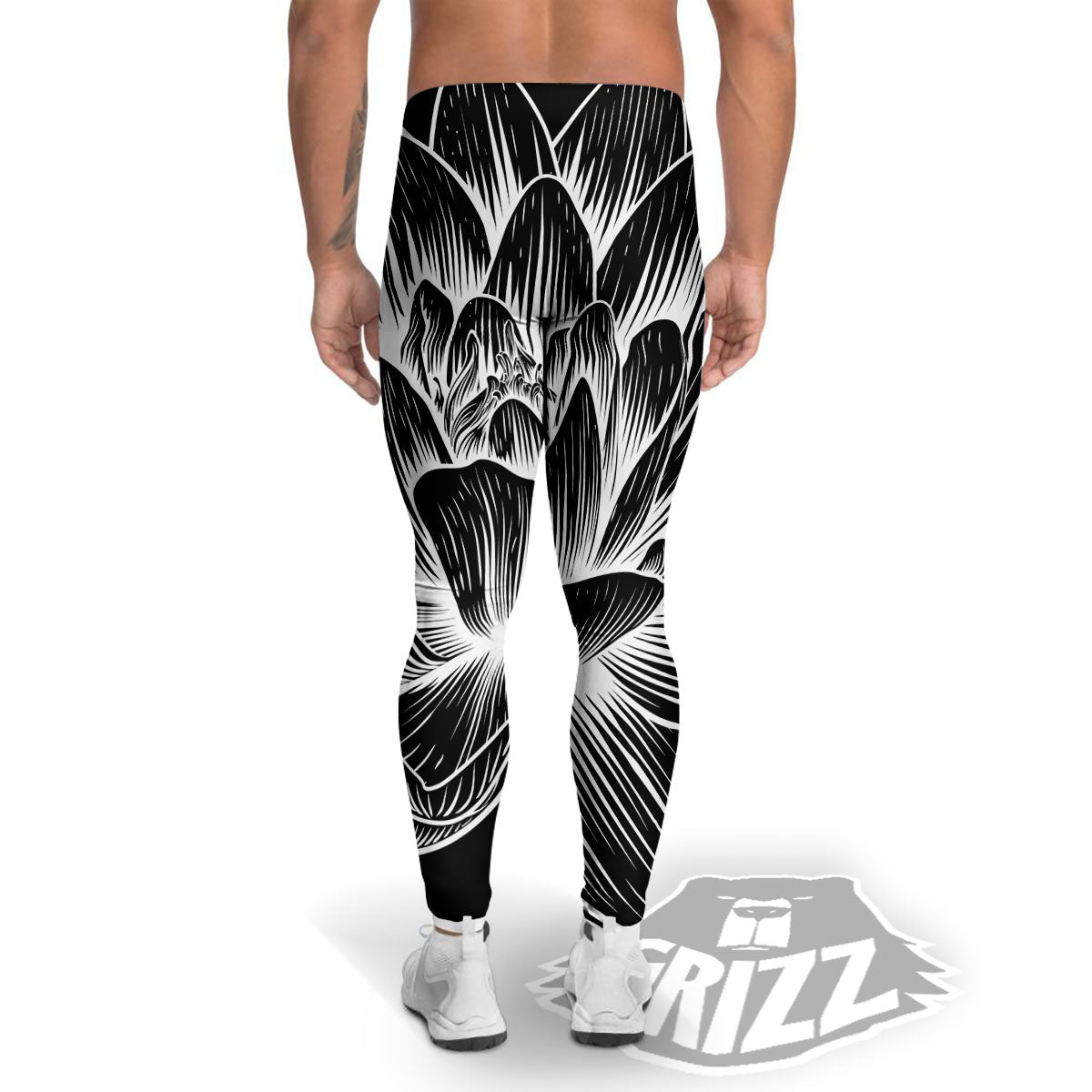 Lotus Flower White And Black Print Men's Leggings-grizzshop
