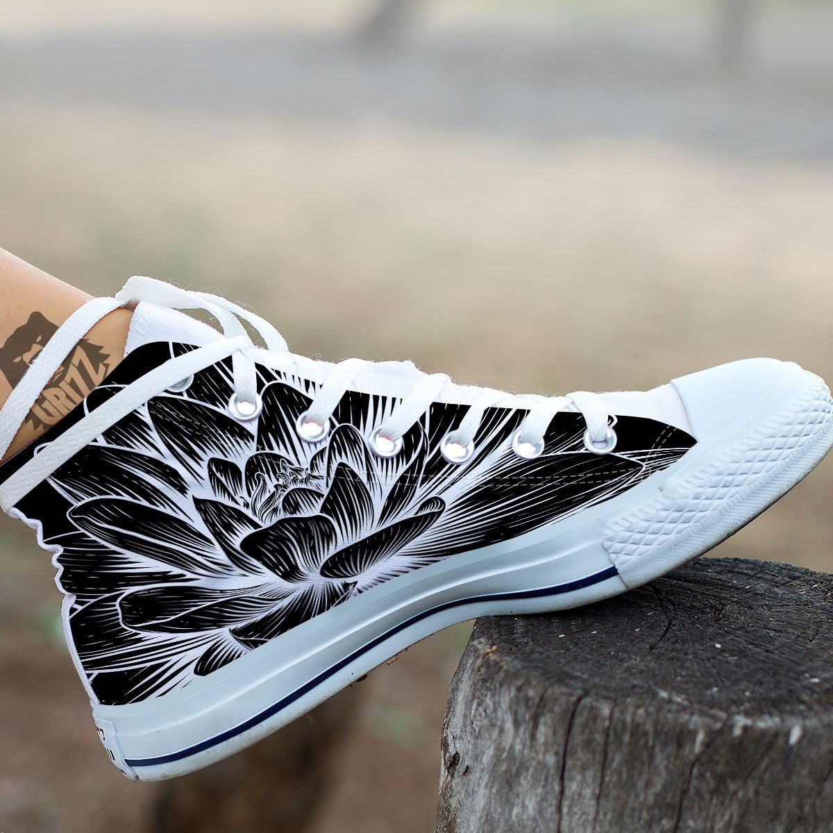 Lotus Flower White And Black Print White High Top Shoes-grizzshop