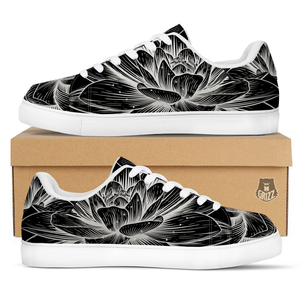 Lotus Flower White And Black Print White Low Top Sneakers-grizzshop