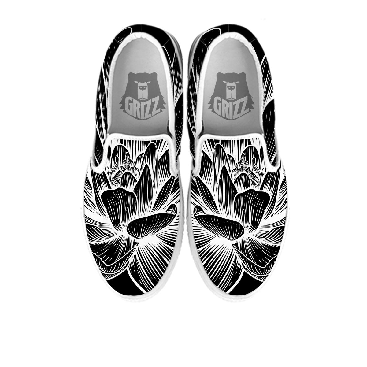 Lotus Flower White And Black Print White Slip On Shoes-grizzshop