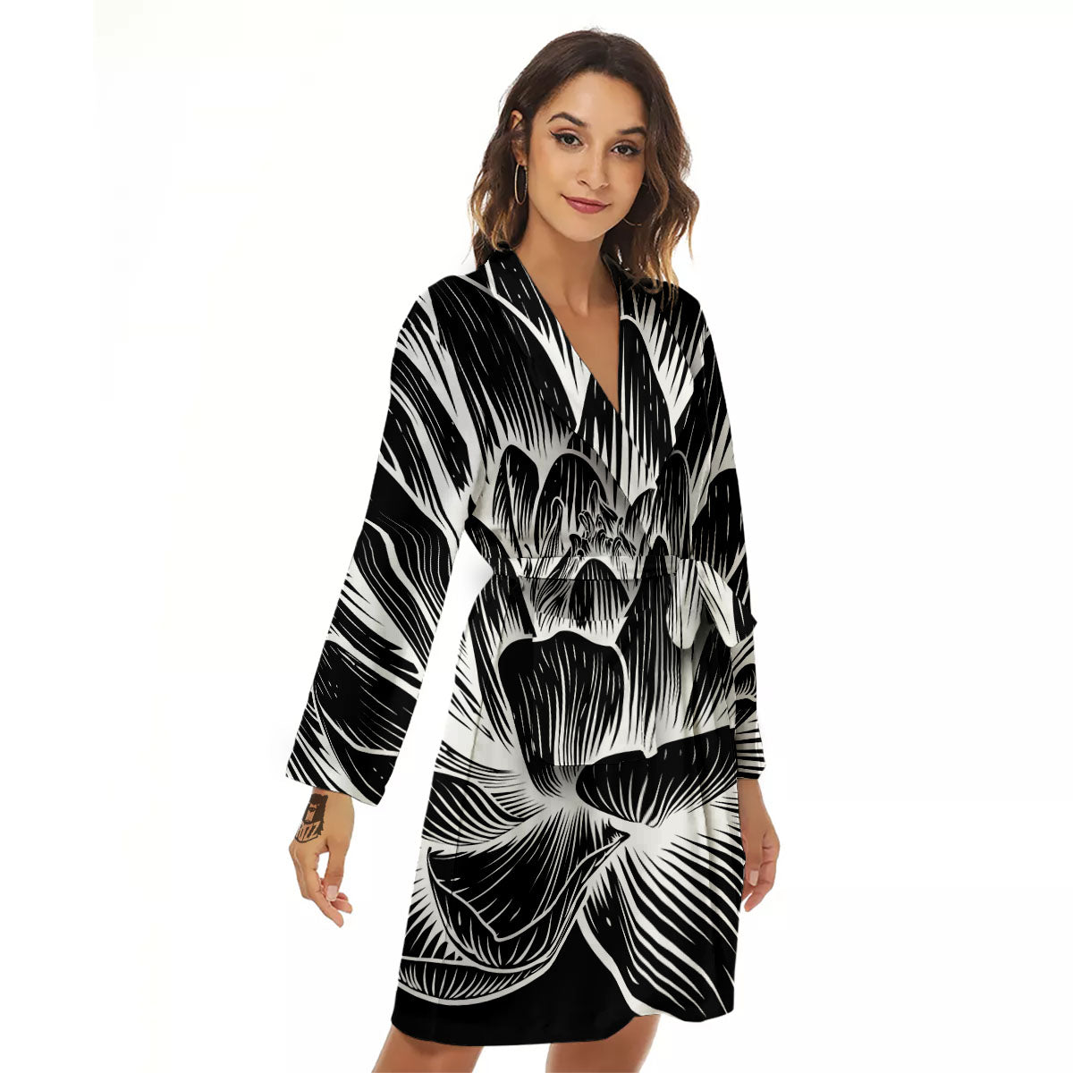Lotus Flower White And Black Print Women's Robe-grizzshop
