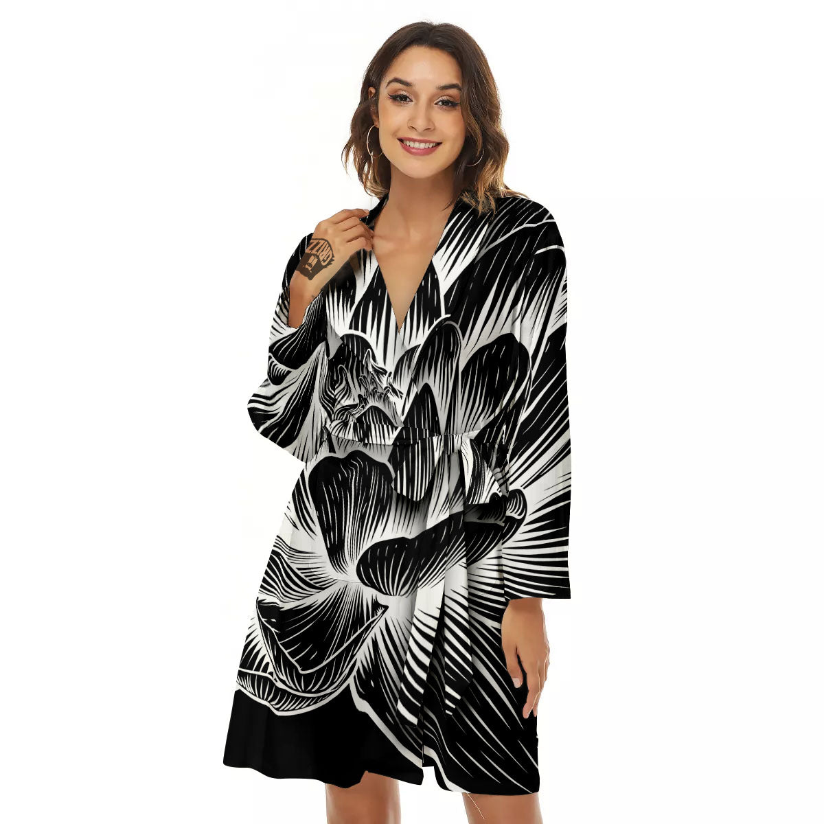Lotus Flower White And Black Print Women's Robe-grizzshop