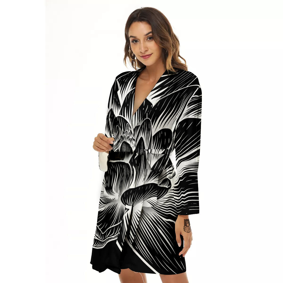 Lotus Flower White And Black Print Women's Robe-grizzshop