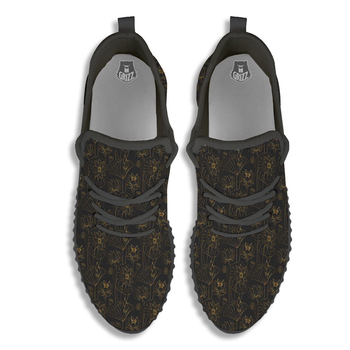 Lotus Gold And Black Print Pattern Black Walking Shoes-grizzshop