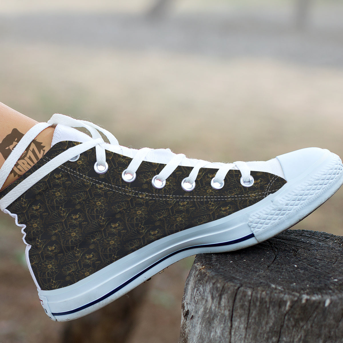 Lotus Gold And Black Print Pattern White High Top Shoes-grizzshop