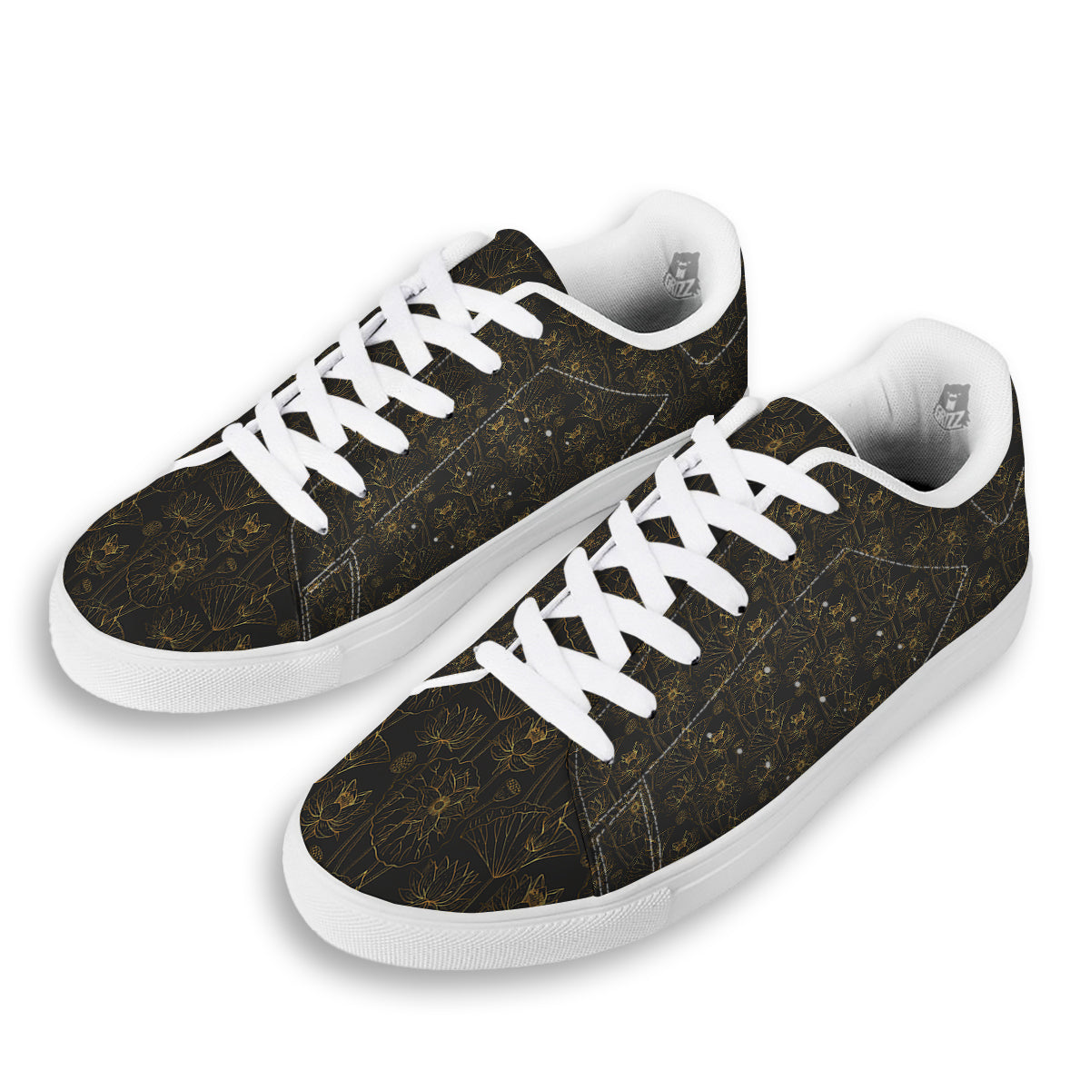 Lotus Gold And Black Print Pattern White Low Top Sneakers-grizzshop