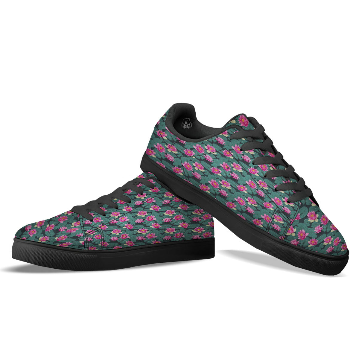Lotus Hot Pink Print Pattern Black Low Top Sneakers-grizzshop