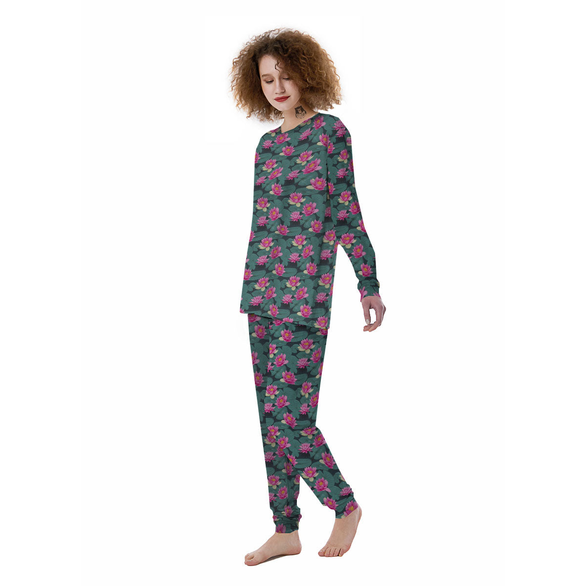 Lotus Hot Pink Print Pattern Women's Pajamas-grizzshop