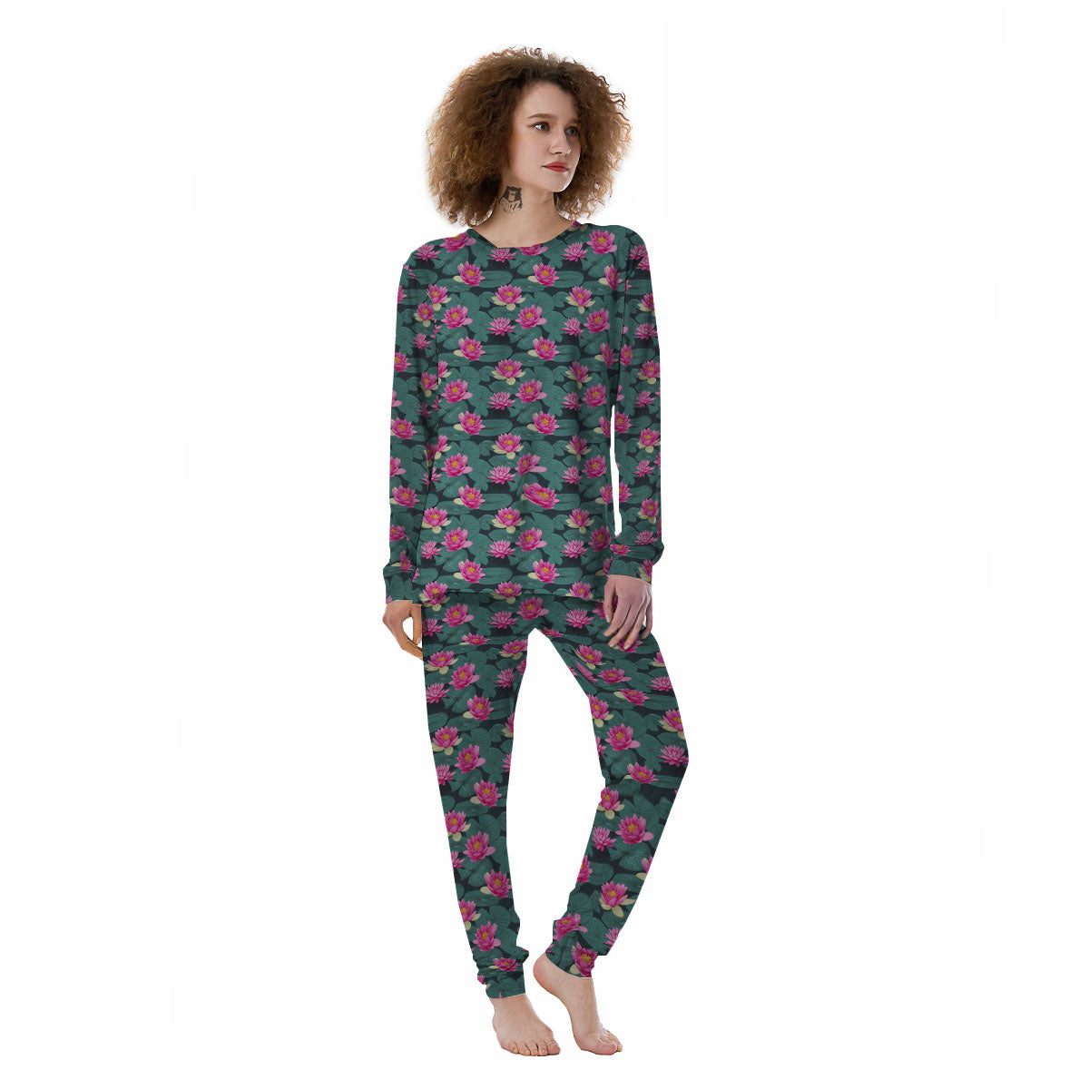 Lotus Hot Pink Print Pattern Women's Pajamas-grizzshop