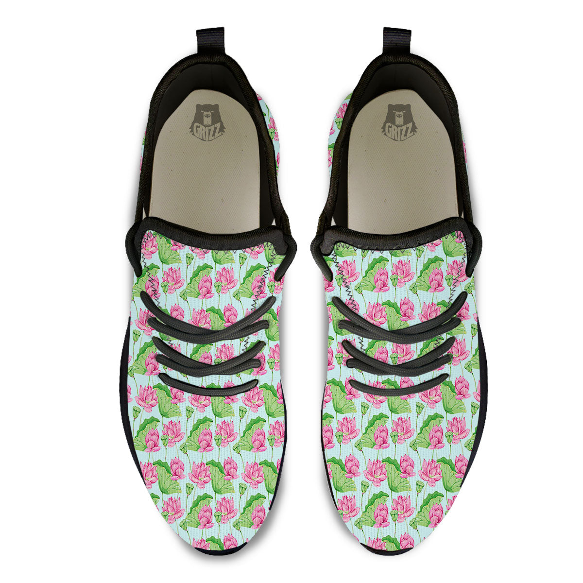 Lotus Leaf And Flower On The Water Print Pattern Black Athletic Shoes-grizzshop