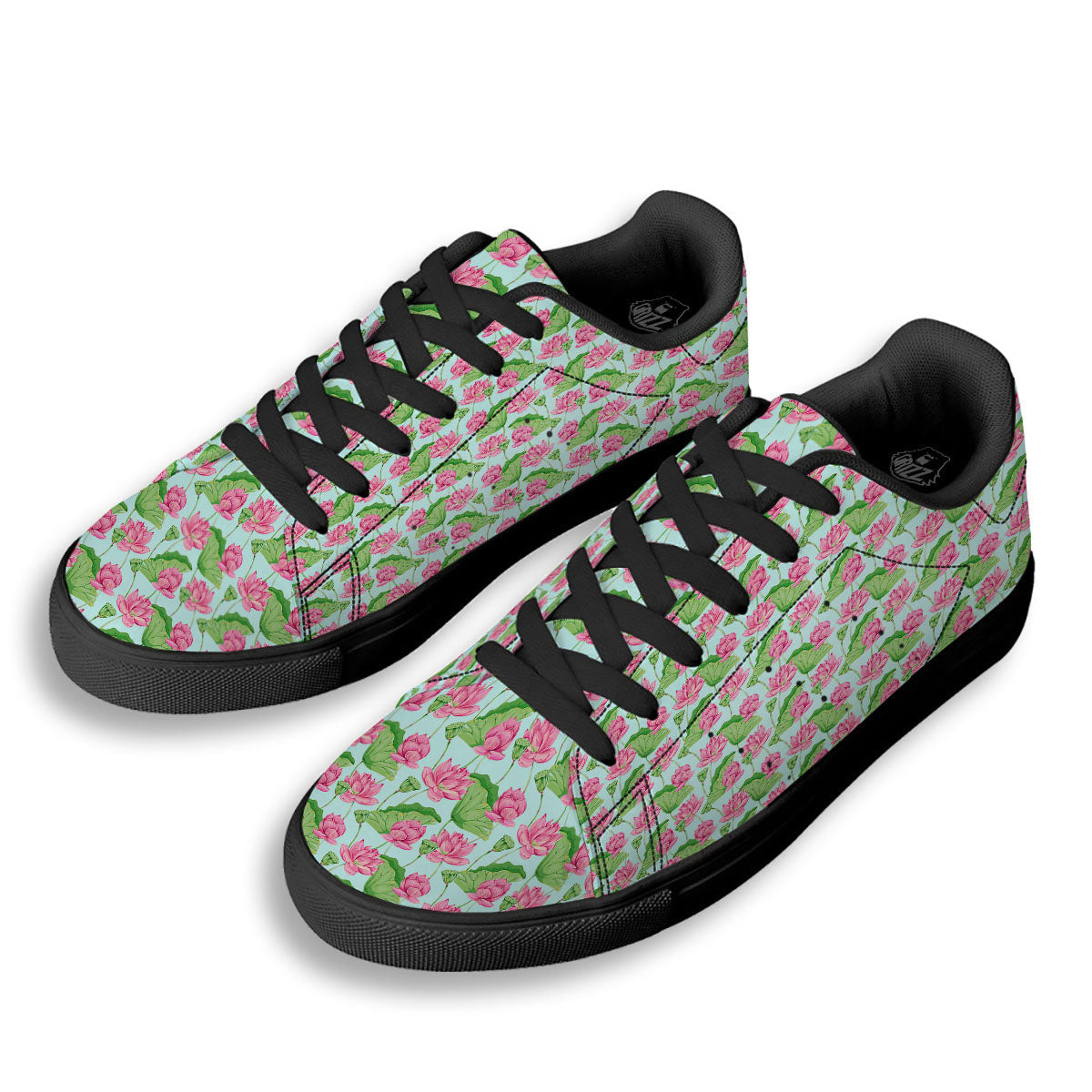 Lotus Leaf And Flower On The Water Print Pattern Black Low Top Sneakers-grizzshop