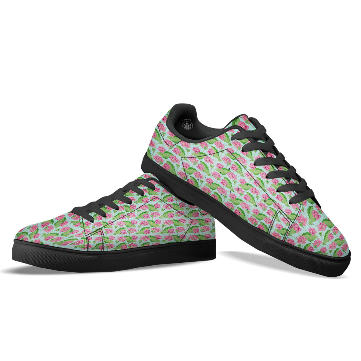 Lotus Leaf And Flower On The Water Print Pattern Black Low Top Sneakers-grizzshop