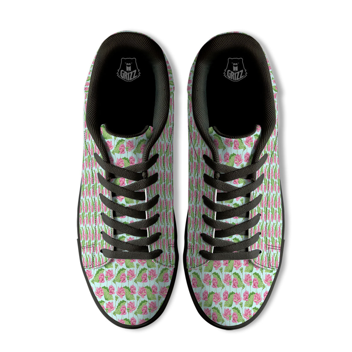 Lotus Leaf And Flower On The Water Print Pattern Black Low Top Sneakers-grizzshop