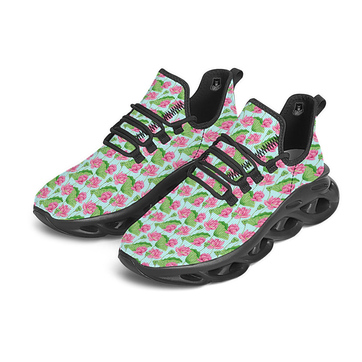 Lotus Leaf And Flower On The Water Print Pattern Black Running Shoes-grizzshop