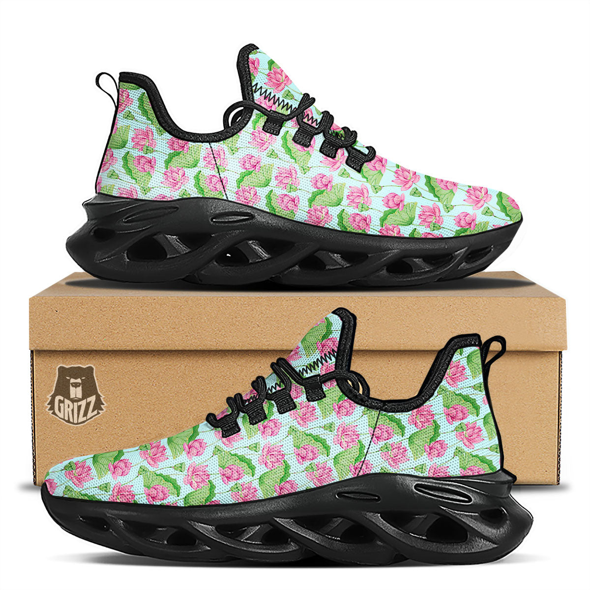 Lotus Leaf And Flower On The Water Print Pattern Black Running Shoes-grizzshop