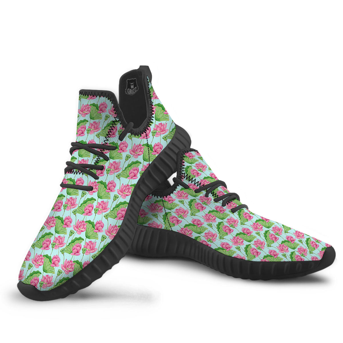 Lotus Leaf And Flower On The Water Print Pattern Black Walking Shoes-grizzshop