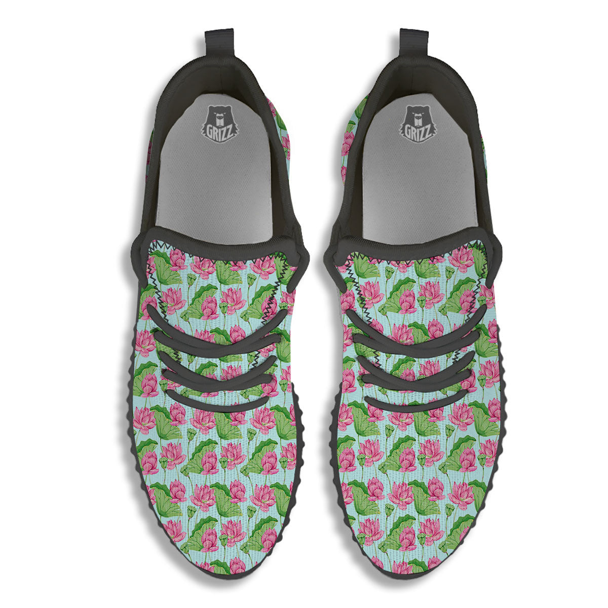 Lotus Leaf And Flower On The Water Print Pattern Black Walking Shoes-grizzshop