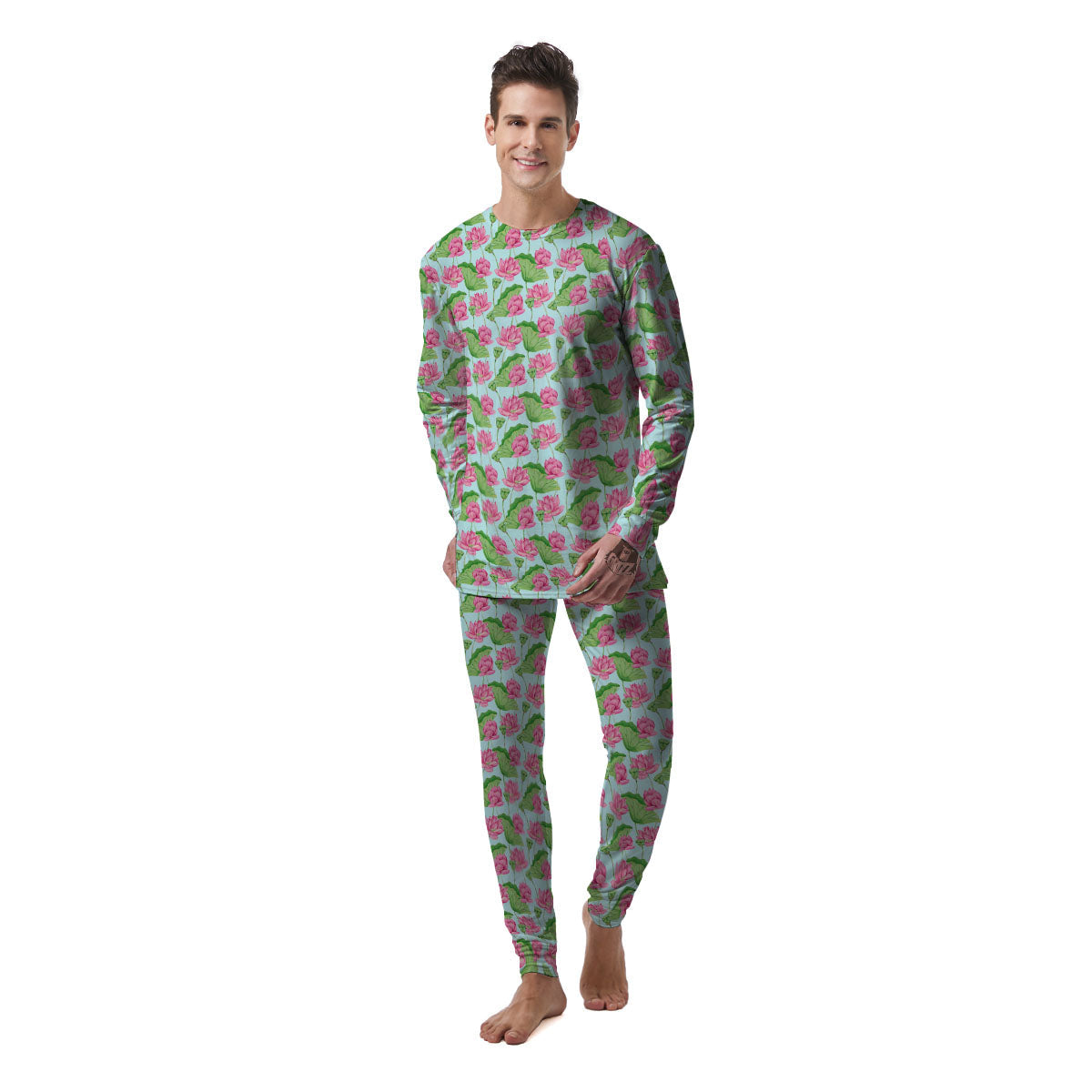 Lotus Leaf And Flower On The Water Print Pattern Men's Pajamas-grizzshop