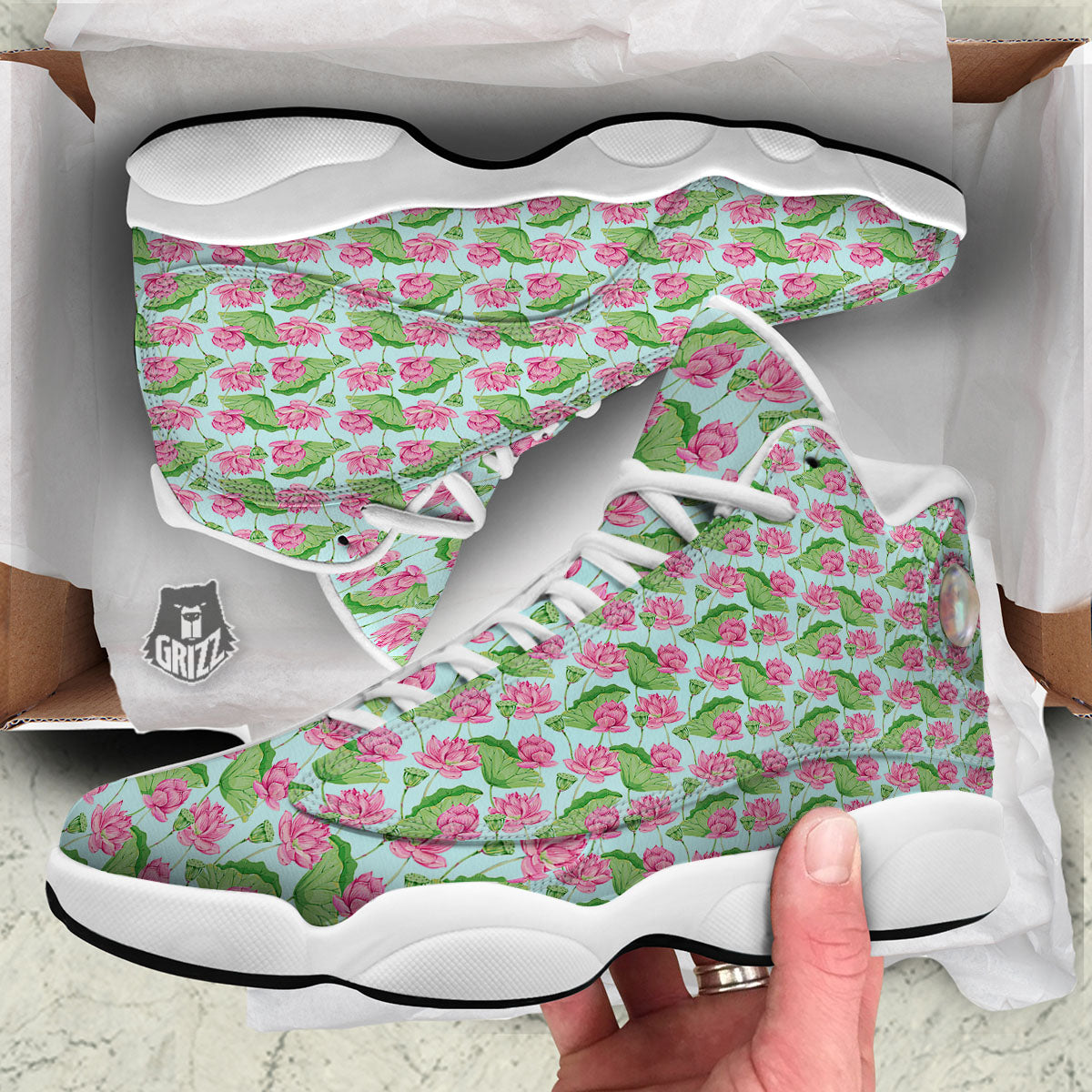 Lotus Leaf And Flower On The Water Print Pattern White Basketball Shoes-grizzshop