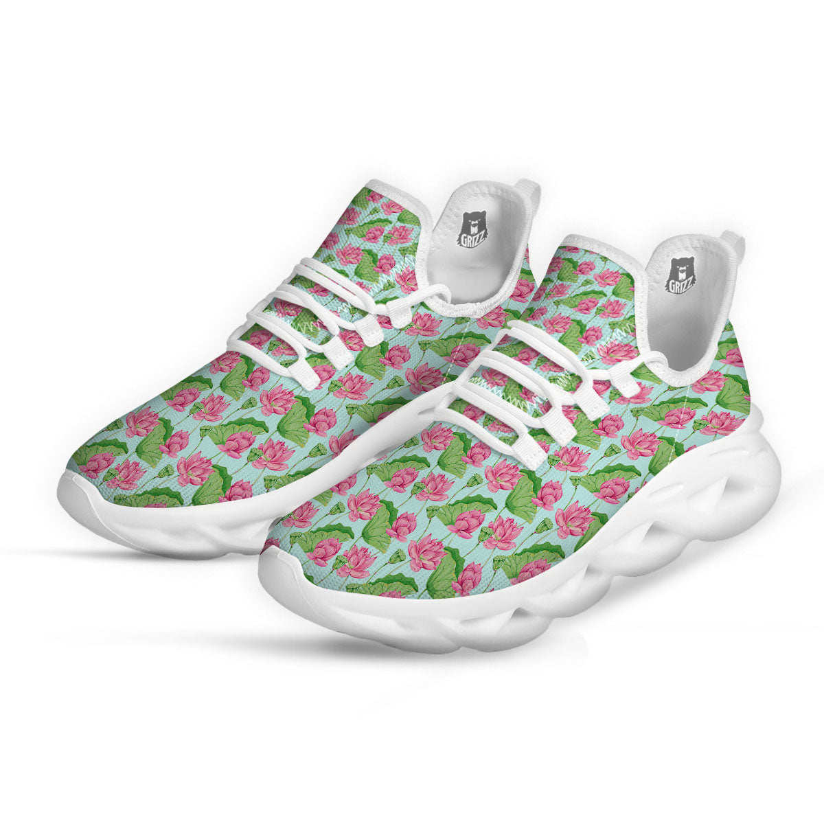 Lotus Leaf And Flower On The Water Print Pattern White Running Shoes-grizzshop