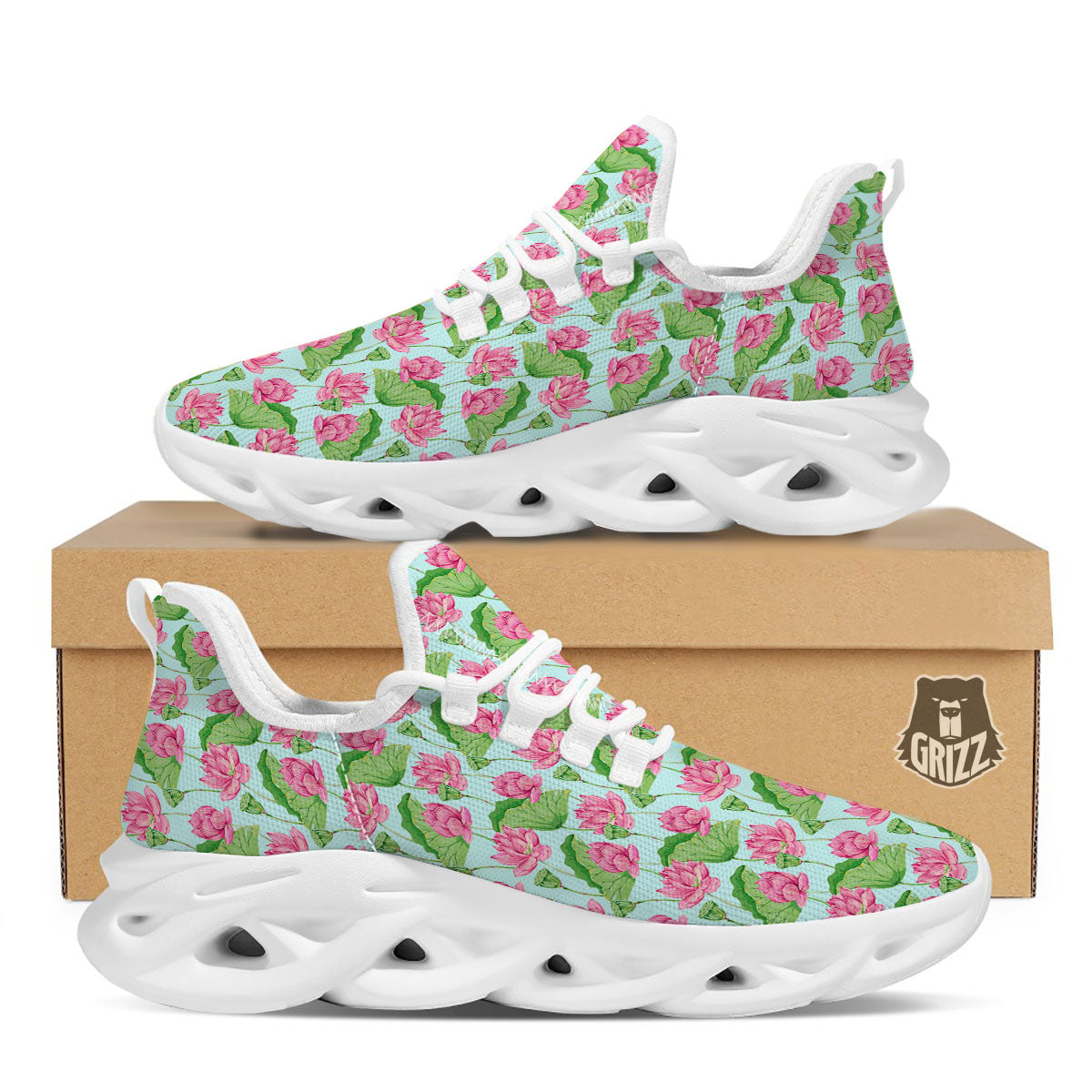 Lotus Leaf And Flower On The Water Print Pattern White Running Shoes-grizzshop
